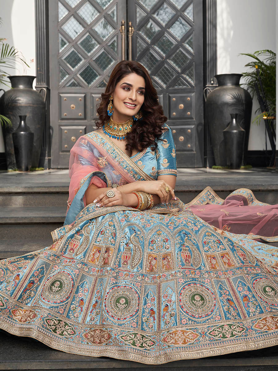 Myra Turquoise Velvet Embroidered Designer Lehenga - Distacart