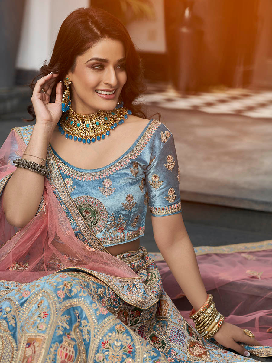 Myra Turquoise Velvet Embroidered Designer Lehenga - Distacart