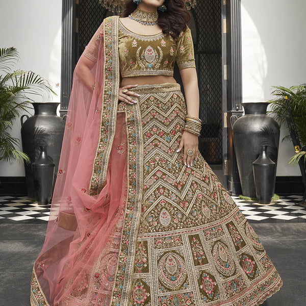 Myra Olive Green Velvet Embroidered Designer Lehenga - Distacart