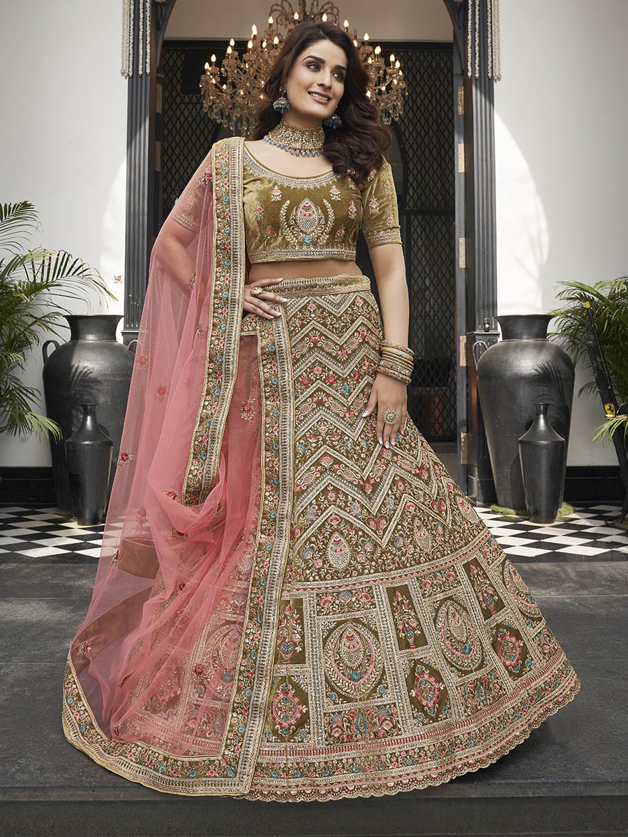 Myra Olive Green Velvet Embroidered Designer Lehenga - Distacart