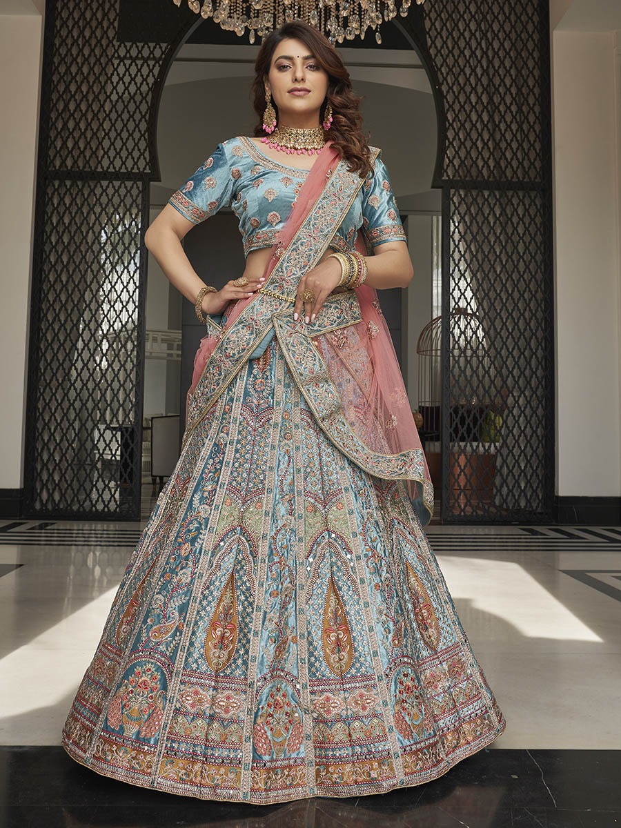 Myra Turquoise Velvet Embroidered Designer Lehenga - Distacart