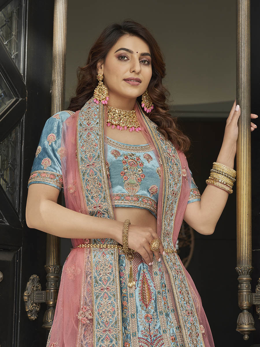 Myra Turquoise Velvet Embroidered Designer Lehenga - Distacart