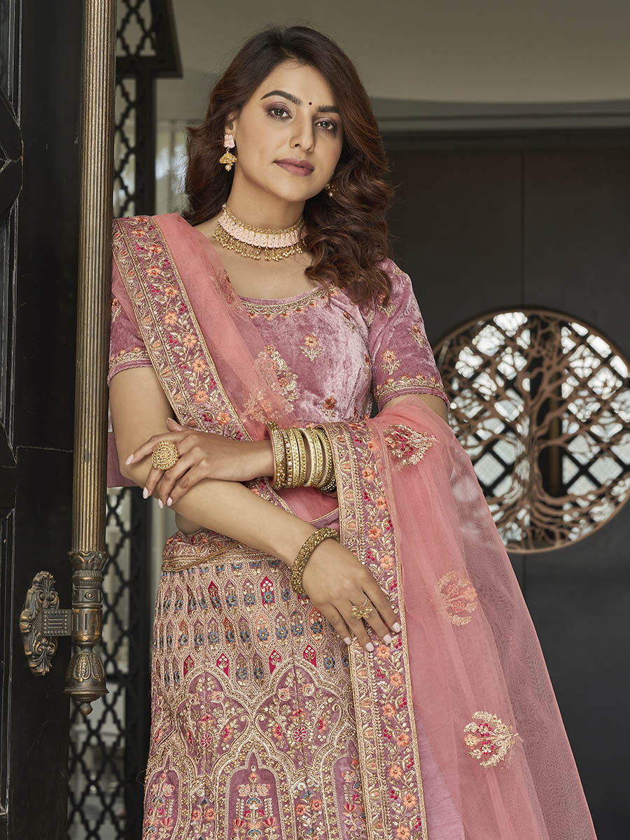 Myra Mauve Velvet Embroidered Designer Lehenga - Distacart