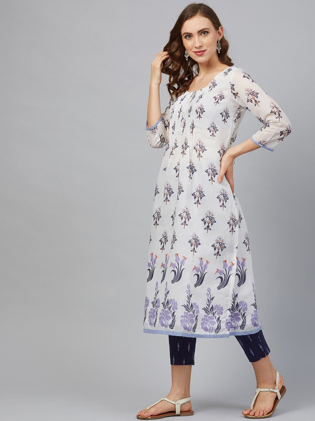 Biba Women White & Navy Blue Printed Kurta with Trousers - Distacart