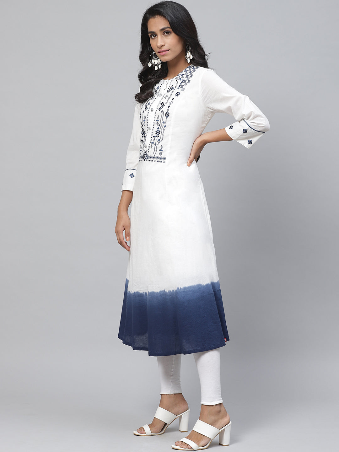 Biba Women White & Navy Blue Yoke Design Dyed A-Line Kurta - Distacart