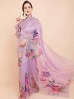 Thumbnail for Sangria Lavender & Green Floral Organza Saree - Distacart