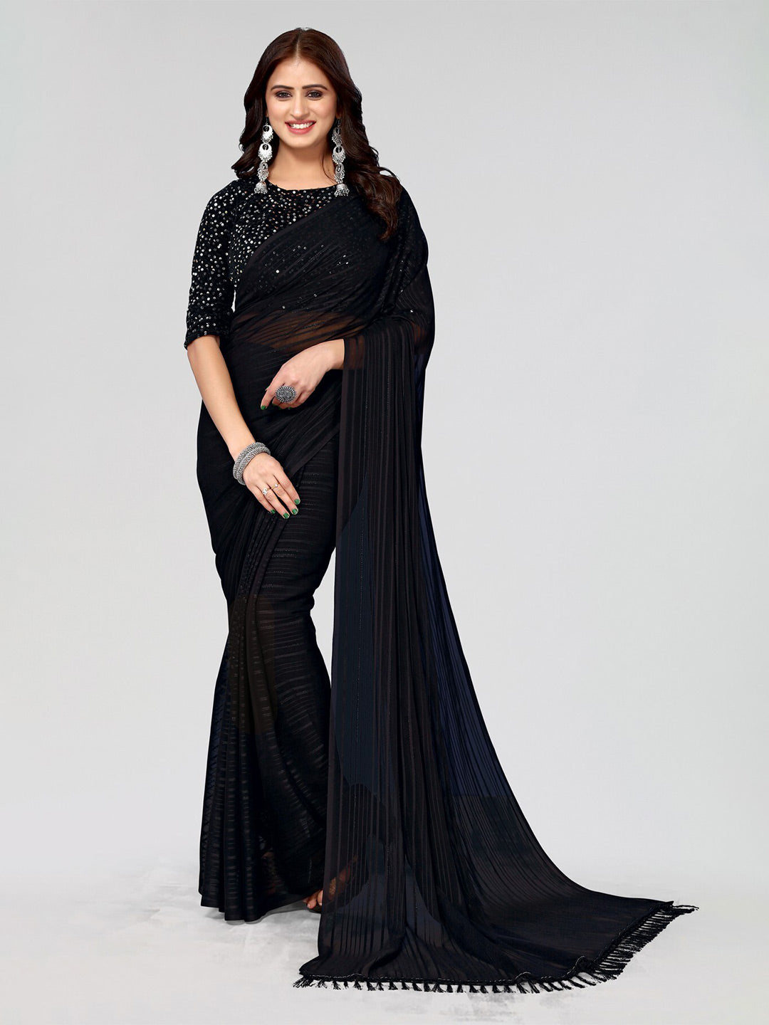 Kalini Black Striped Sequinned Poly Georgette Saree - Distacart