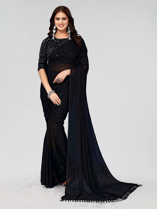 Kalini Black Striped Sequinned Poly Georgette Saree - Distacart
