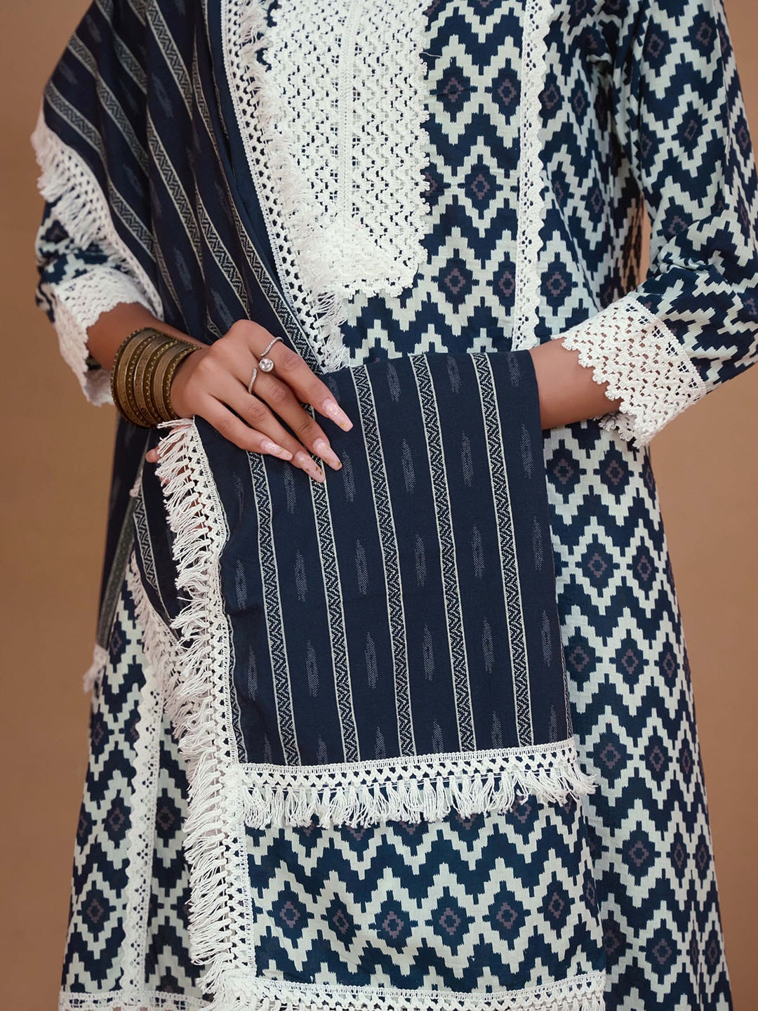 Sangria Navy Blue & White Geometric Printed Pure Cotton Kurta With Palazzos & Dupatta - Distacart