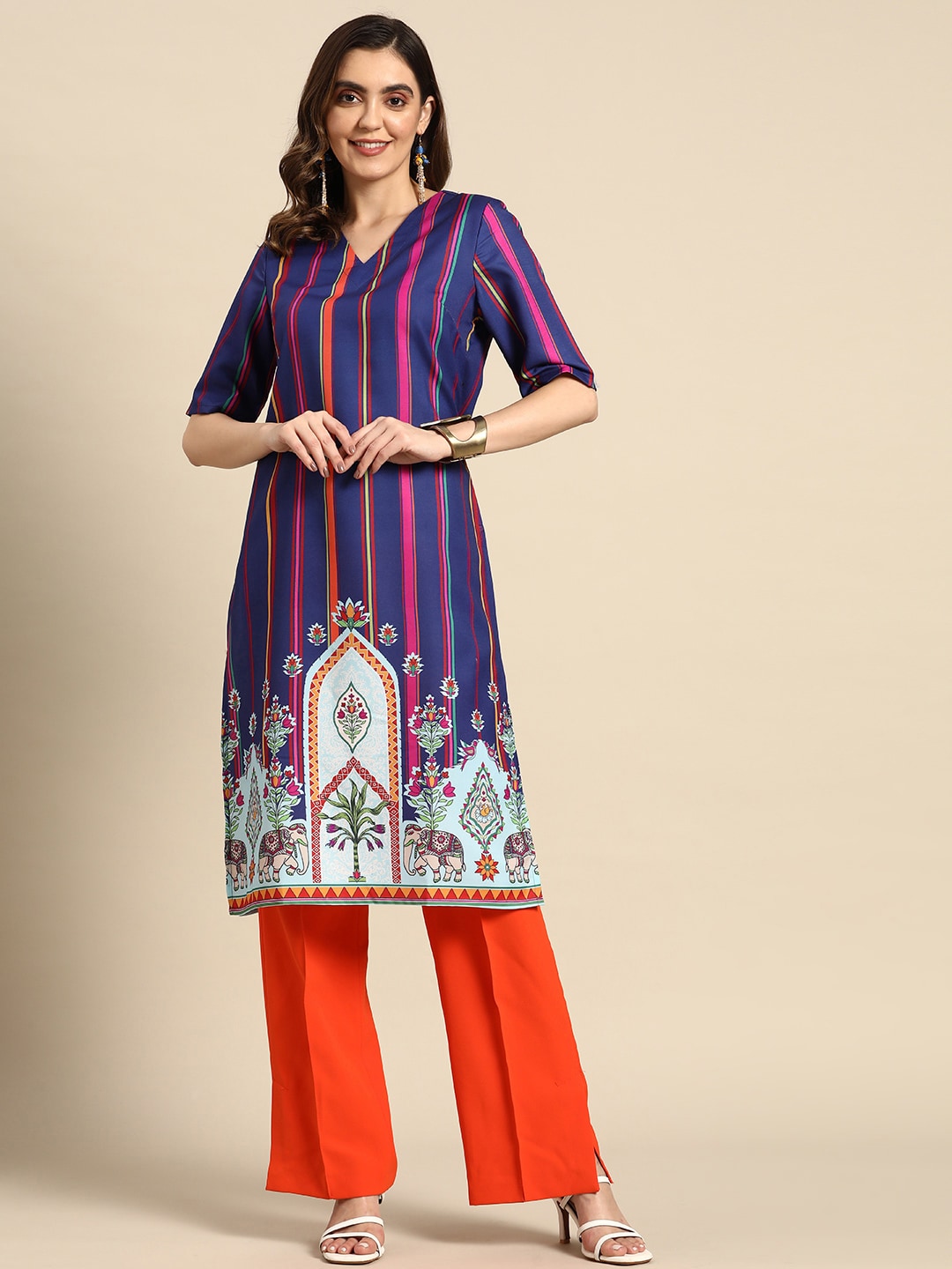 Sangria Striped & Printed Detail Kurta - Distacart