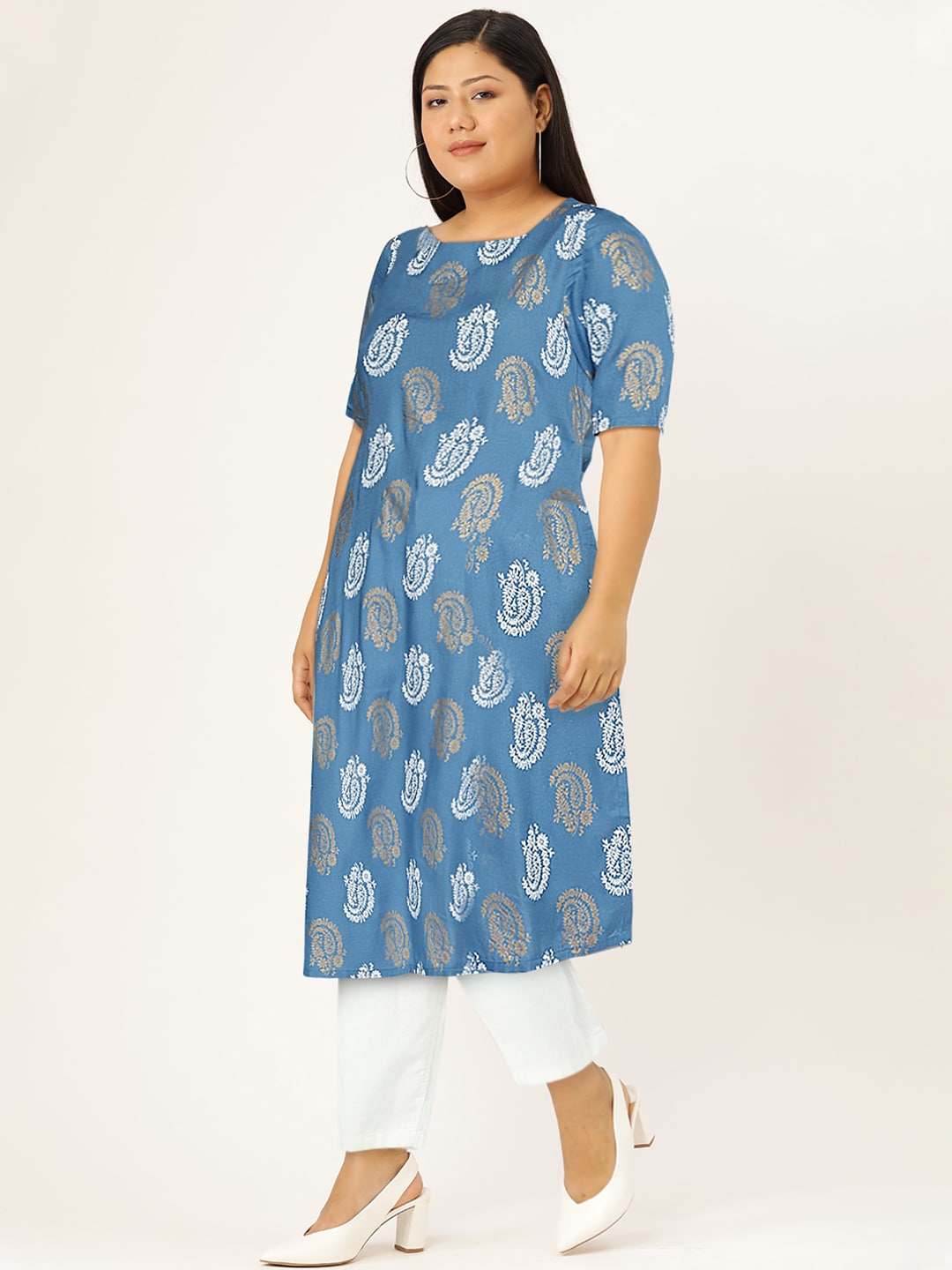 HERE&NOW Women Blue & Golden Paisley Printed Straight Kurta - Distacart
