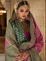 Thumbnail for Mitera Pink & Green Floral Woven Design Zari Banarasi Saree - Distacart