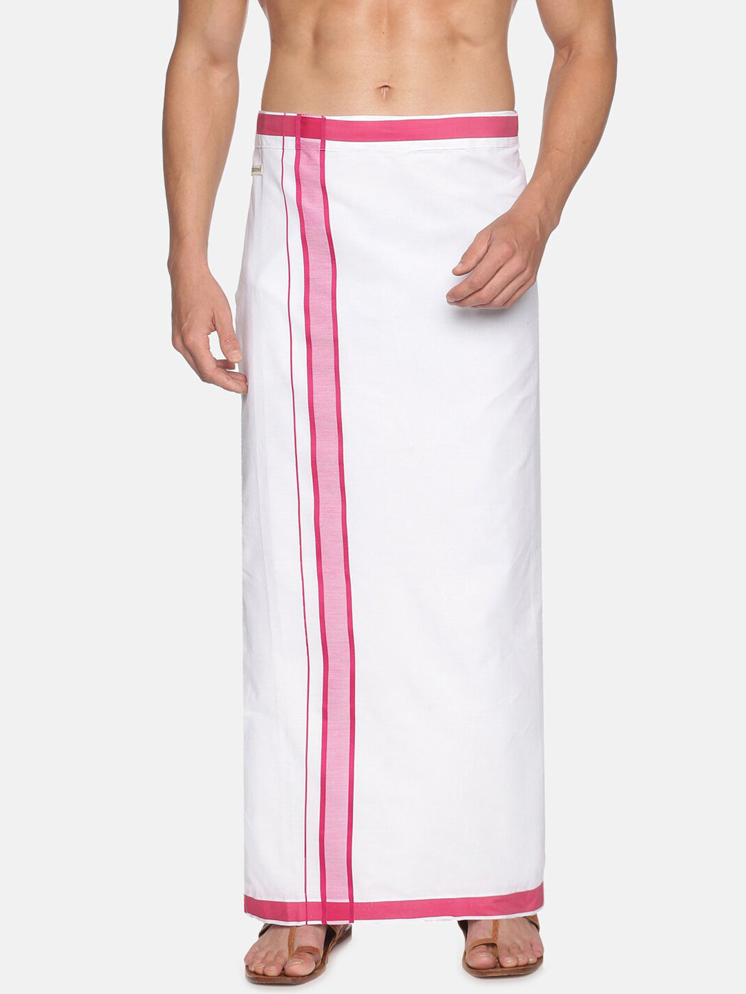 Sethukrishna White & Pink Solid Cotton Dhoti For Men - Distacart