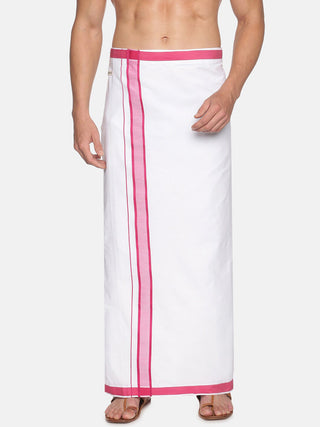 Sethukrishna White & Pink Solid Cotton Dhoti For Men - Distacart