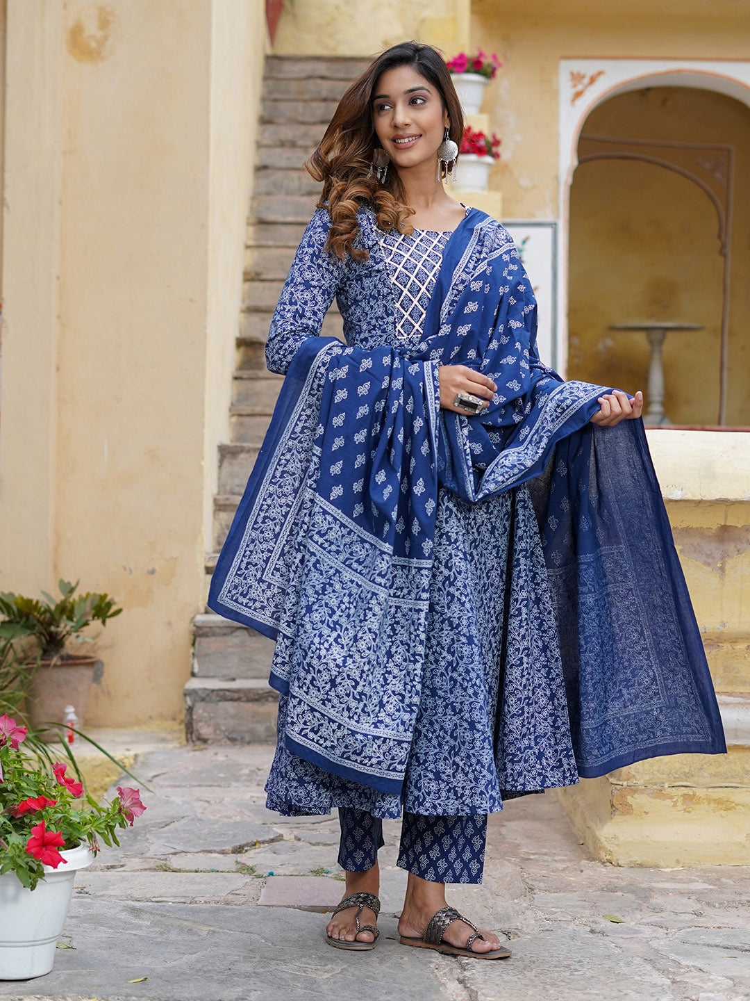 Kalini Floral Printed Gotta Patti Pure Cotton Kurta with Trousers & With Dupatta - Distacart