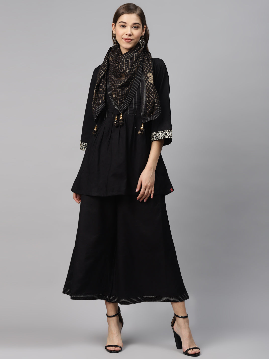 Biba Women Black & Golden Pleated Yoke Design Kurti with Palazzos & Stoles - Distacart