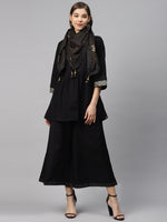 Thumbnail for Biba Women Black & Golden Pleated Yoke Design Kurti with Palazzos & Stoles - Distacart