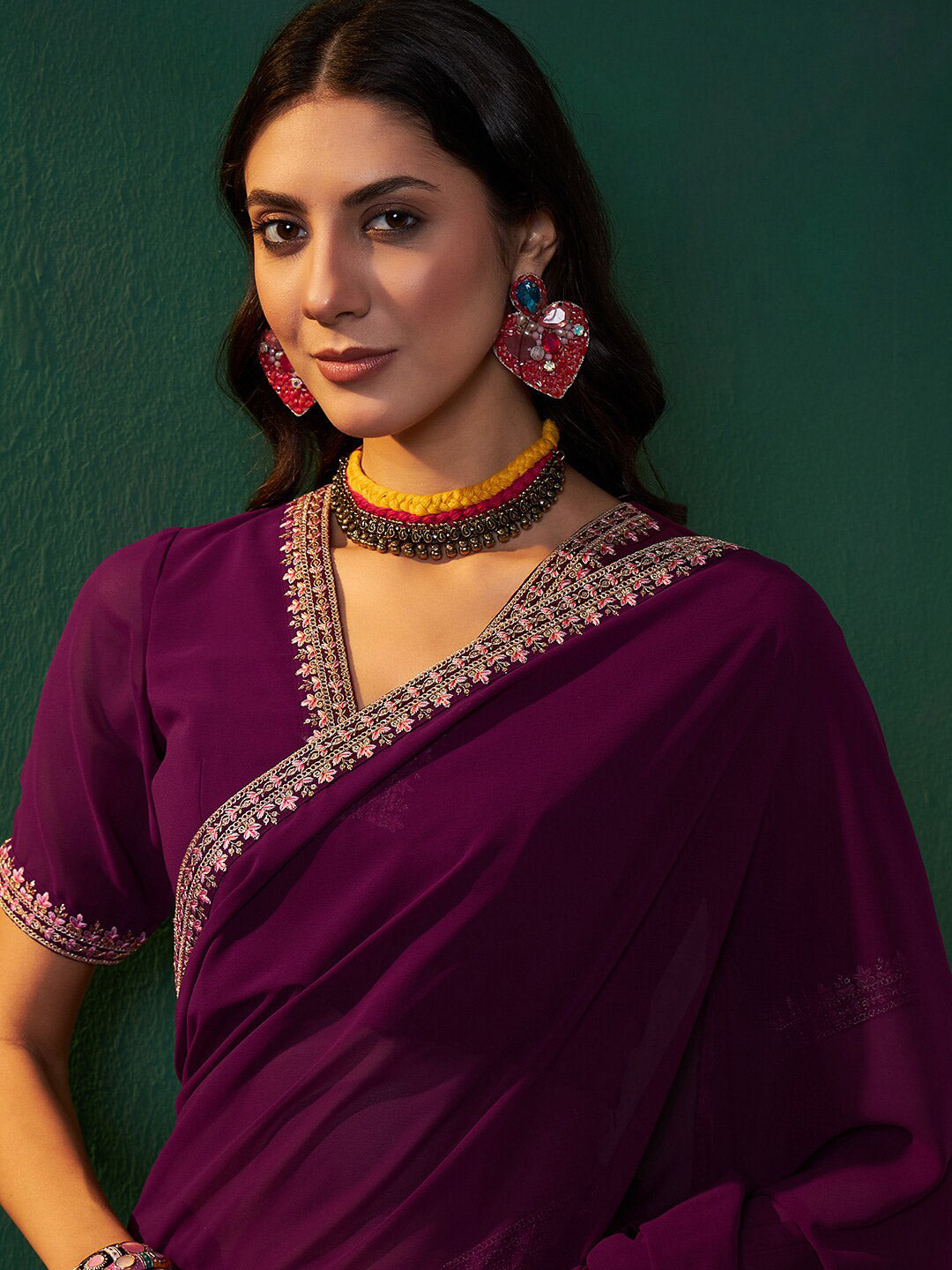 Sangria Embroidered Bordered Sarees - Distacart