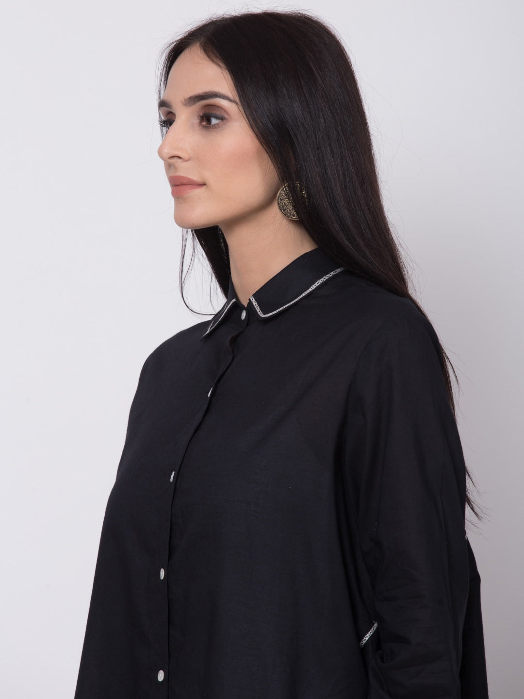 Biba Women Black & White Solid A-Line Shirt Collar Kurta - Distacart