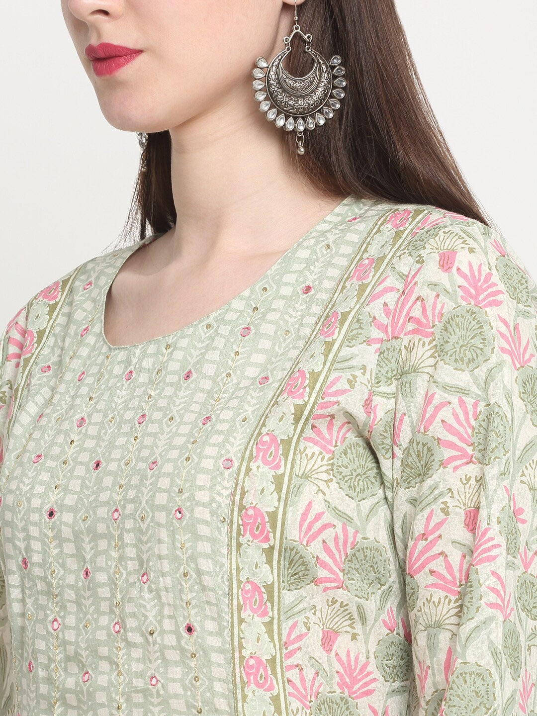 Kalini Floral Printed Sequined A-Line Pure Cotton Kurta with Trousers & Dupatta - Distacart