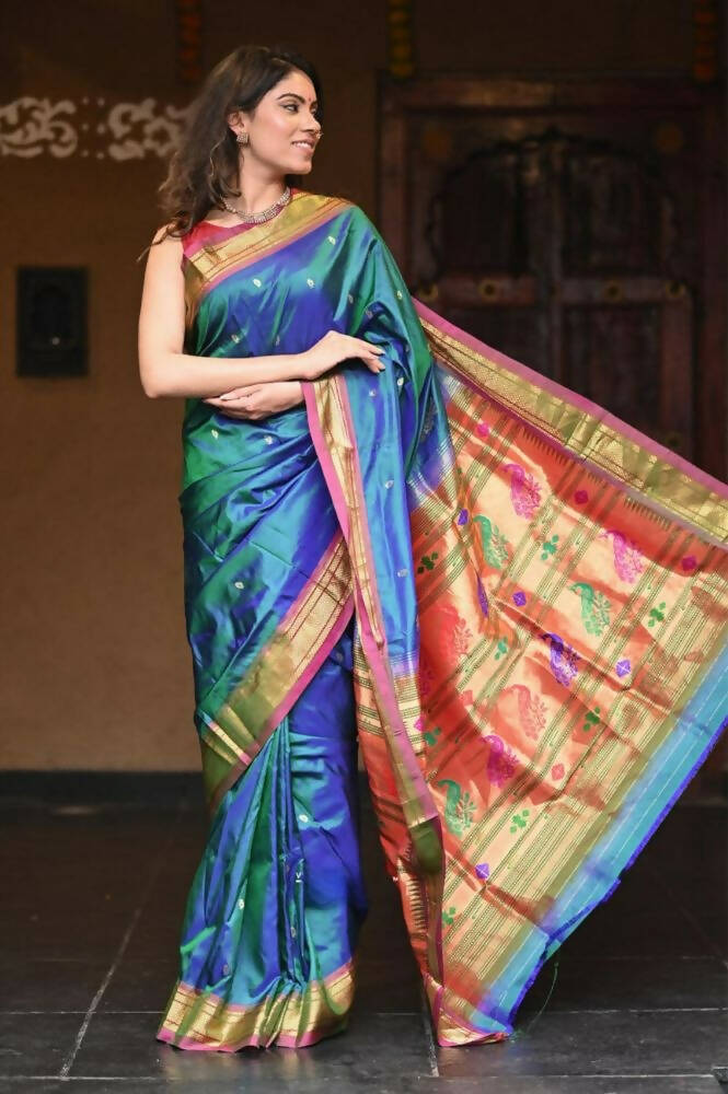 Very Much Indian Authentic Handloom Pure Silk Paithani Dual Tone Bluish Grey Green With Light Purple Border - Distacart