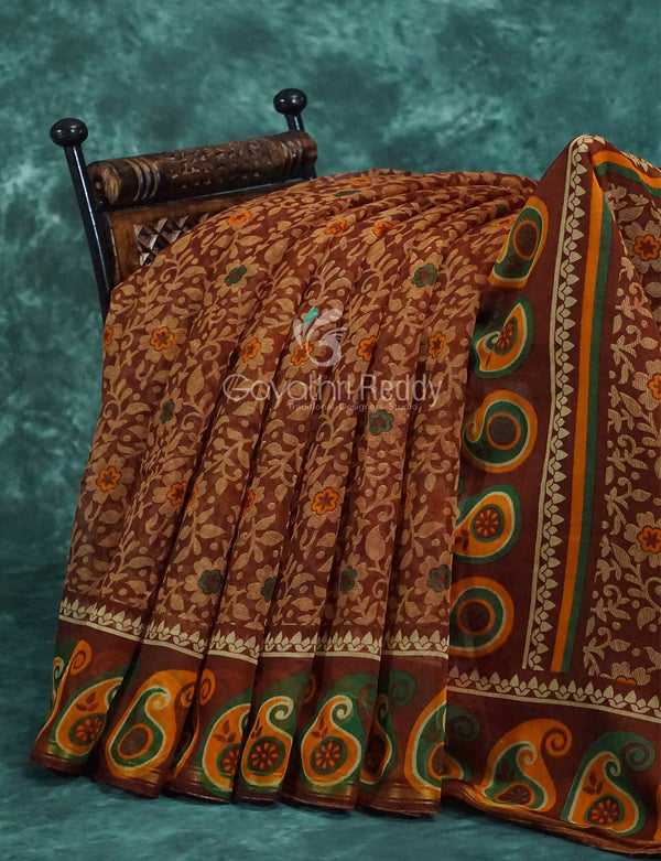 Maroon Brown Mix Floral PrintSemi Chanderi Saree By Gayathri Reddy Designer Studio - Distacart