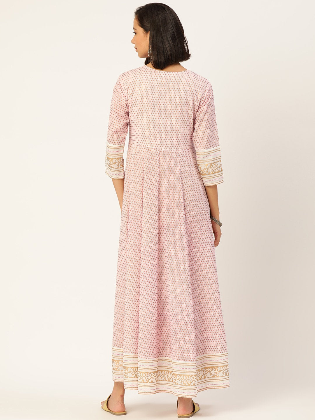 HERE&NOW Women White And Pink Polka Dot Print Cotton Anarkali Kurta With Dupatta - Distacart