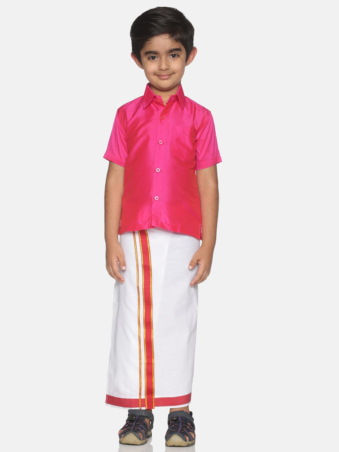 Sethukrishna Pink & White Solid Shirt and Veshti Set - Distacart