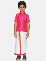 Thumbnail for Sethukrishna Pink & White Solid Shirt and Veshti Set - Distacart