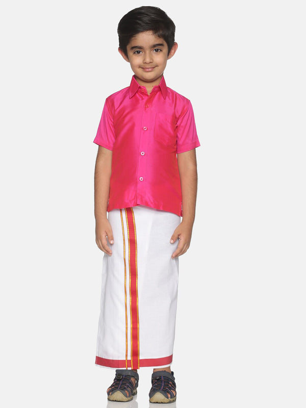 Sethukrishna Pink & White Solid Shirt and Veshti Set - Distacart