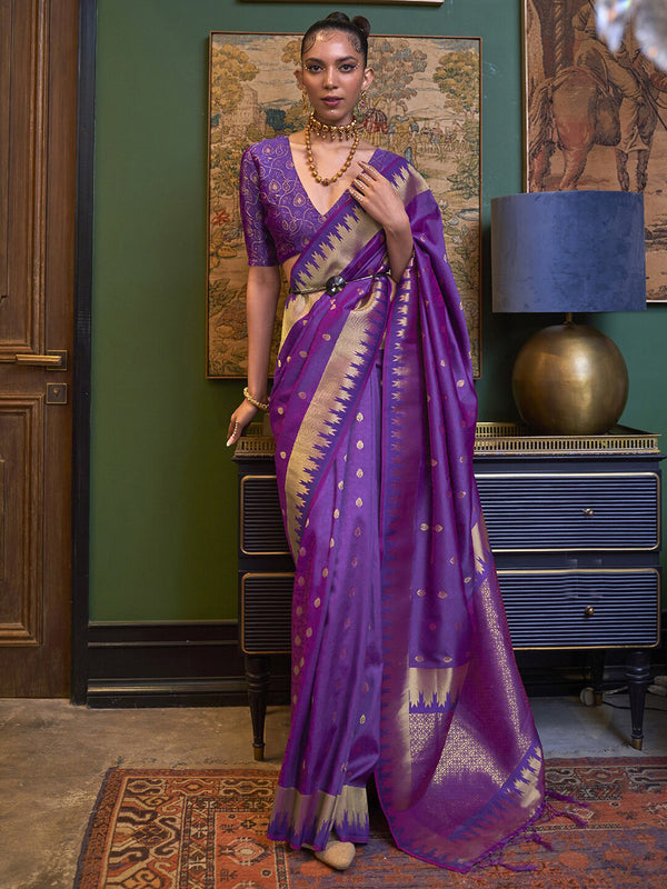 Mitera Purple & Gold-Toned Ethnic Motifs Zari Silk Blend Kanjeevaram Saree - Distacart