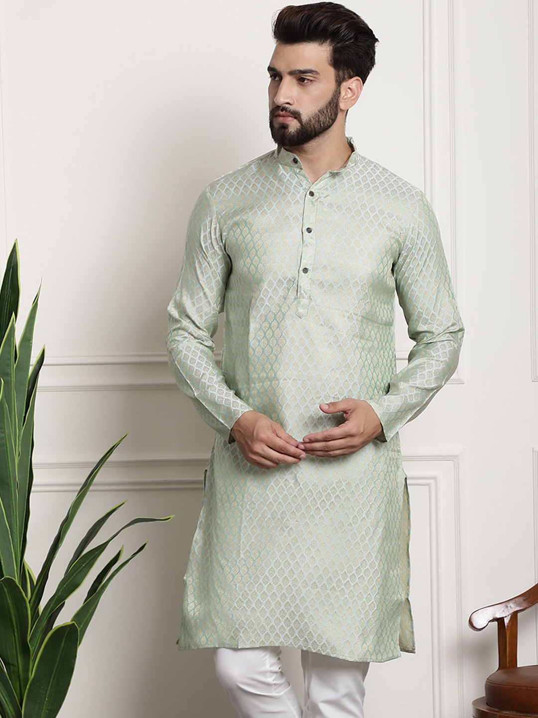Sojanya Men Green & Beige Ethnic Motifs Jacquard Woven Design Straight Kurta - Distacart