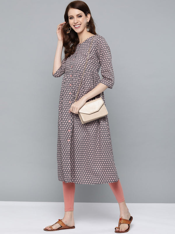 HERE&NOW Women Grey & Pink Floral Print Empire A-Line Kurta - Distacart