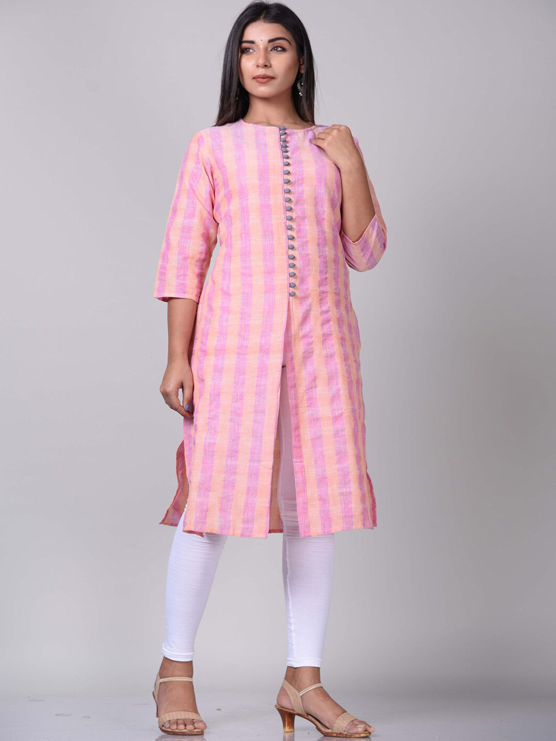 Kalini Women Pink & White Striped Straight Cotton Kurta - Distacart
