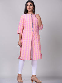 Thumbnail for Kalini Women Pink & White Striped Straight Cotton Kurta - Distacart