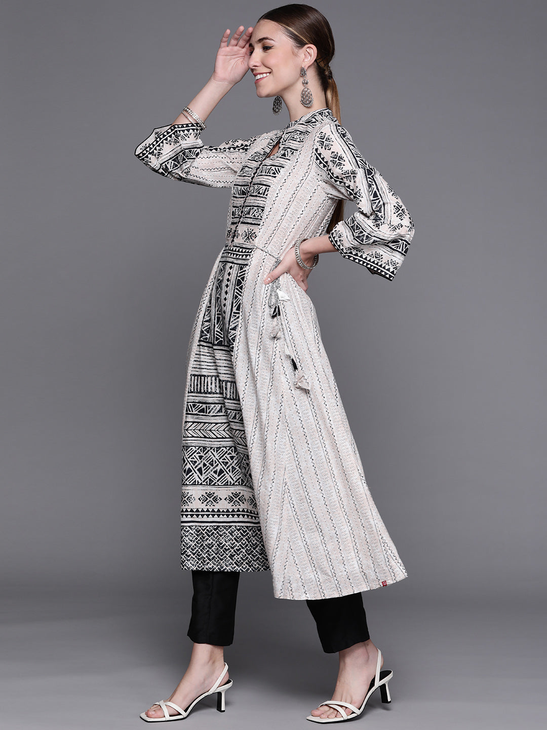 Biba Women Beige & Black Pure Cotton Geometric Printed Bell Sleeves Kurta - Distacart