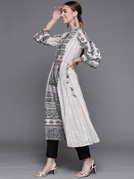 Thumbnail for Biba Women Beige & Black Pure Cotton Geometric Printed Bell Sleeves Kurta - Distacart