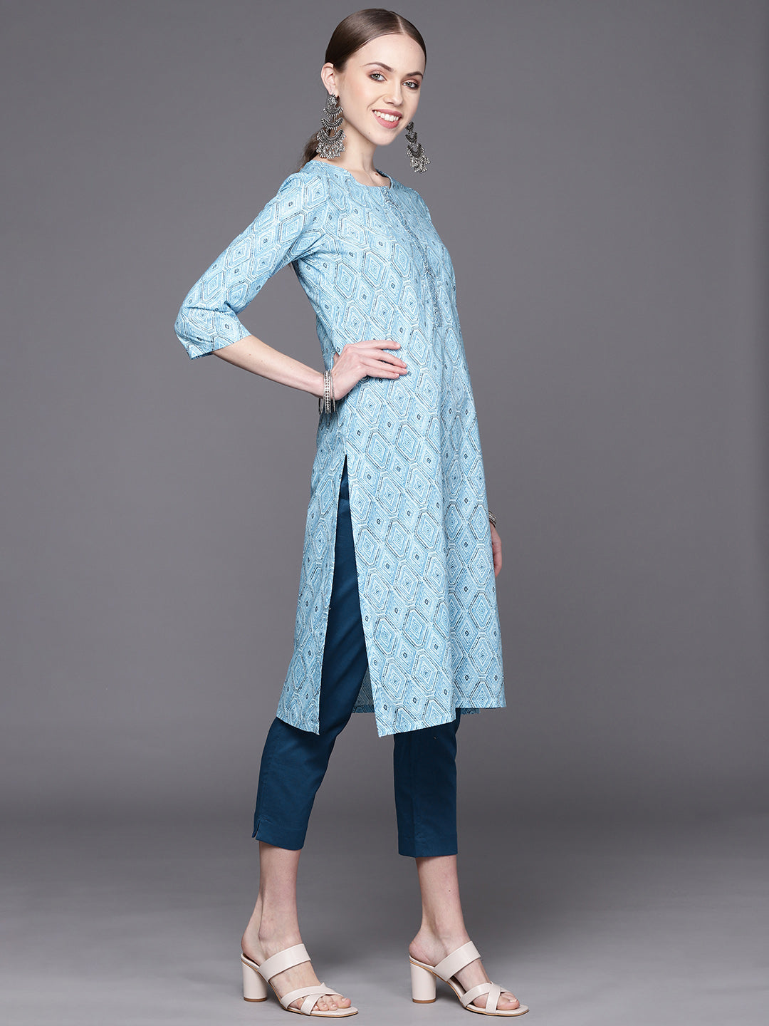 Biba Women Blue Ethnic Motifs Printed Pure Cotton Kurta with Trousers & Dupatta - Distacart