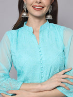 Thumbnail for HERE&NOW Women Blue Ethnic Motifs Embroidered Thread Work Georgette Kurta - Distacart