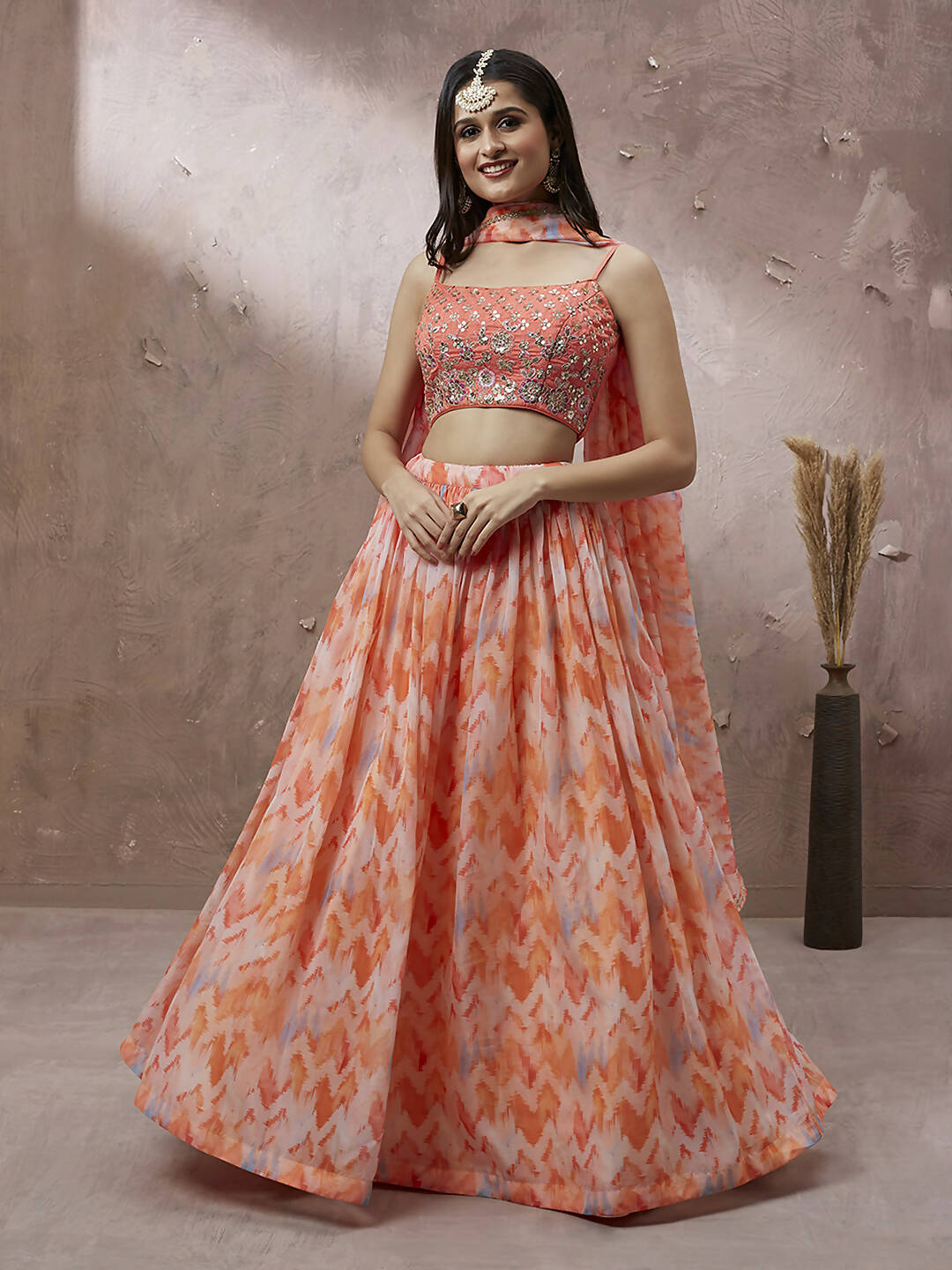 House of Panchhi Peach Organza Floral Printed Lehenga choli & Dupatta - Distacart