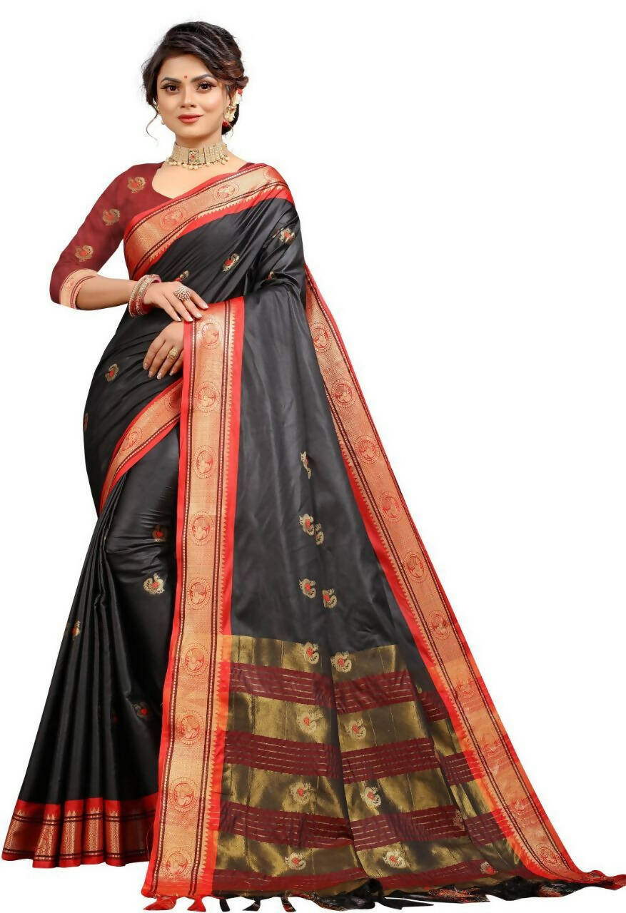 DEIANA'S Beautiful Golden Jari with New Design Soft Lichi Silk Saree - Black - Distacart