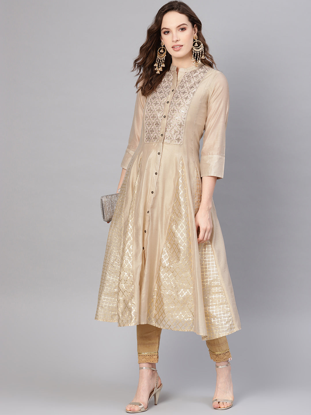Juniper Womens Beige Chanderi Sequin Embroidered Kalidar Kurta Dress - Distacart