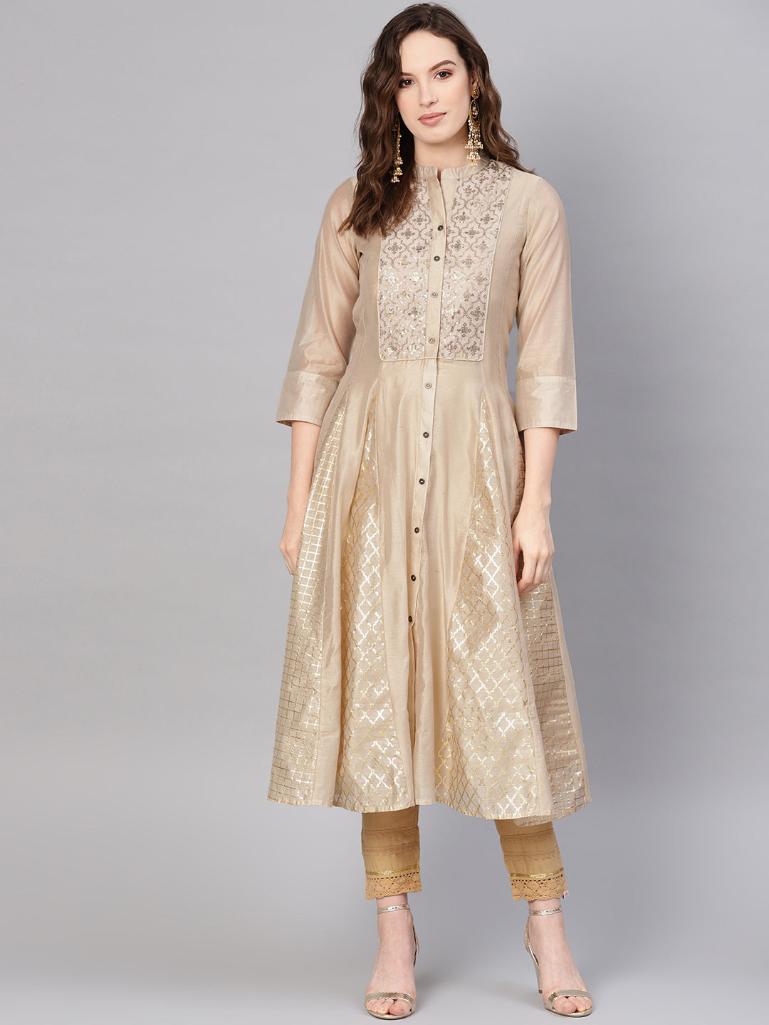 Juniper Womens Beige Chanderi Sequin Embroidered Kalidar Kurta Dress - Distacart