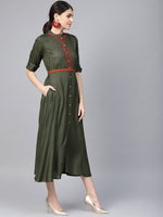 Thumbnail for Juniper Women's Cotton Cambric Yellow Printed Embroidered Flared Festive Long Dress - Distacart