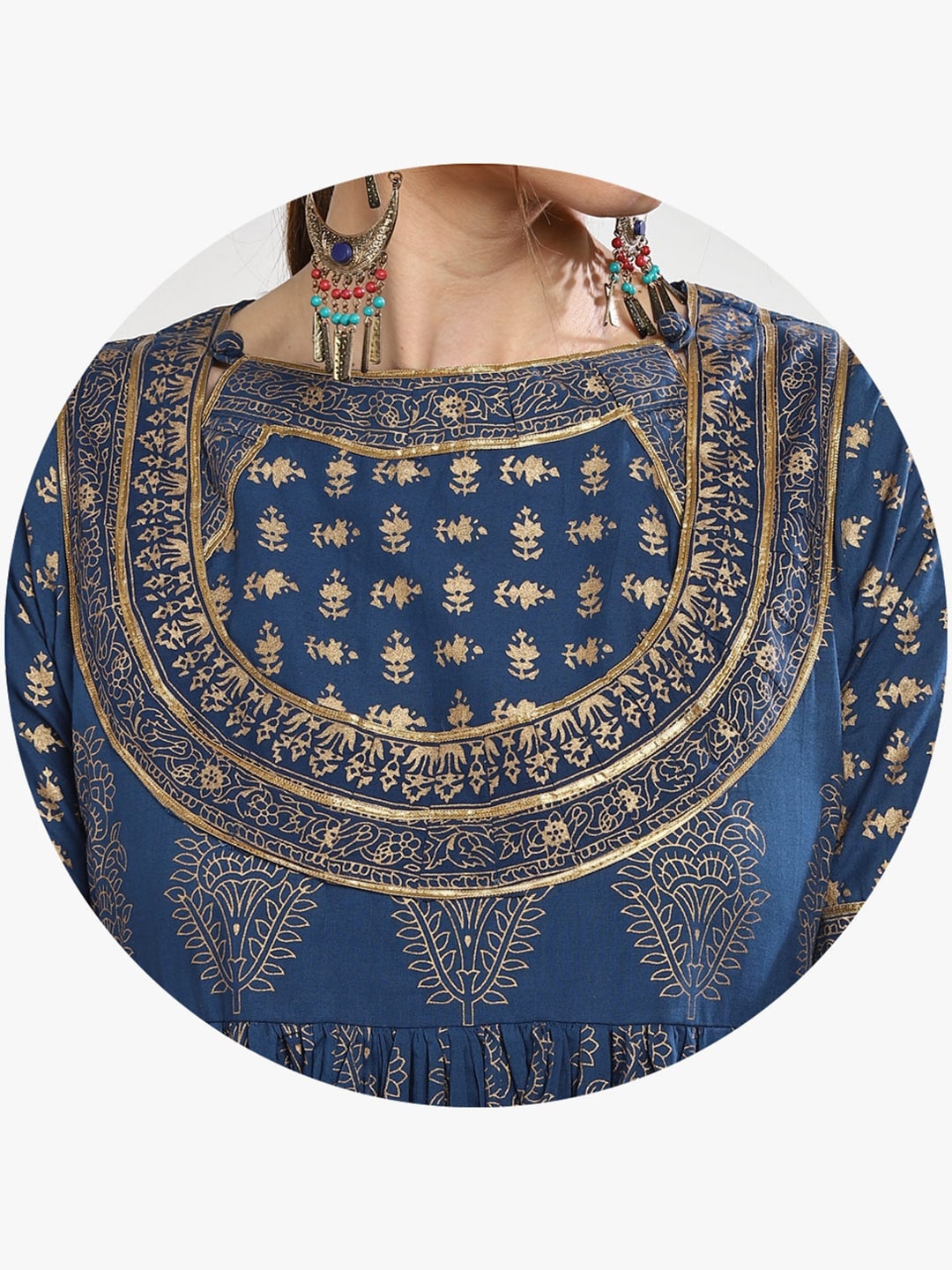 Sangria Women Navy Blue & Gold-Coloured Printed Anarkali Kurta - Distacart