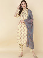 Thumbnail for HERE&NOW Women Mustard Yellow Ethnic Motifs Printed Kurta with Trousers & With Dupatta - Distacart