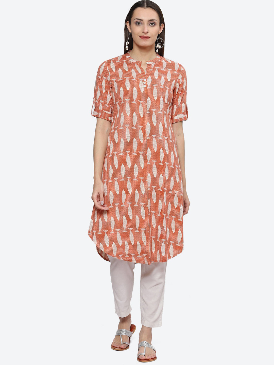 Biba Mandarin Collar Ethnic Motifs Printed A-Line Kurta - Distacart