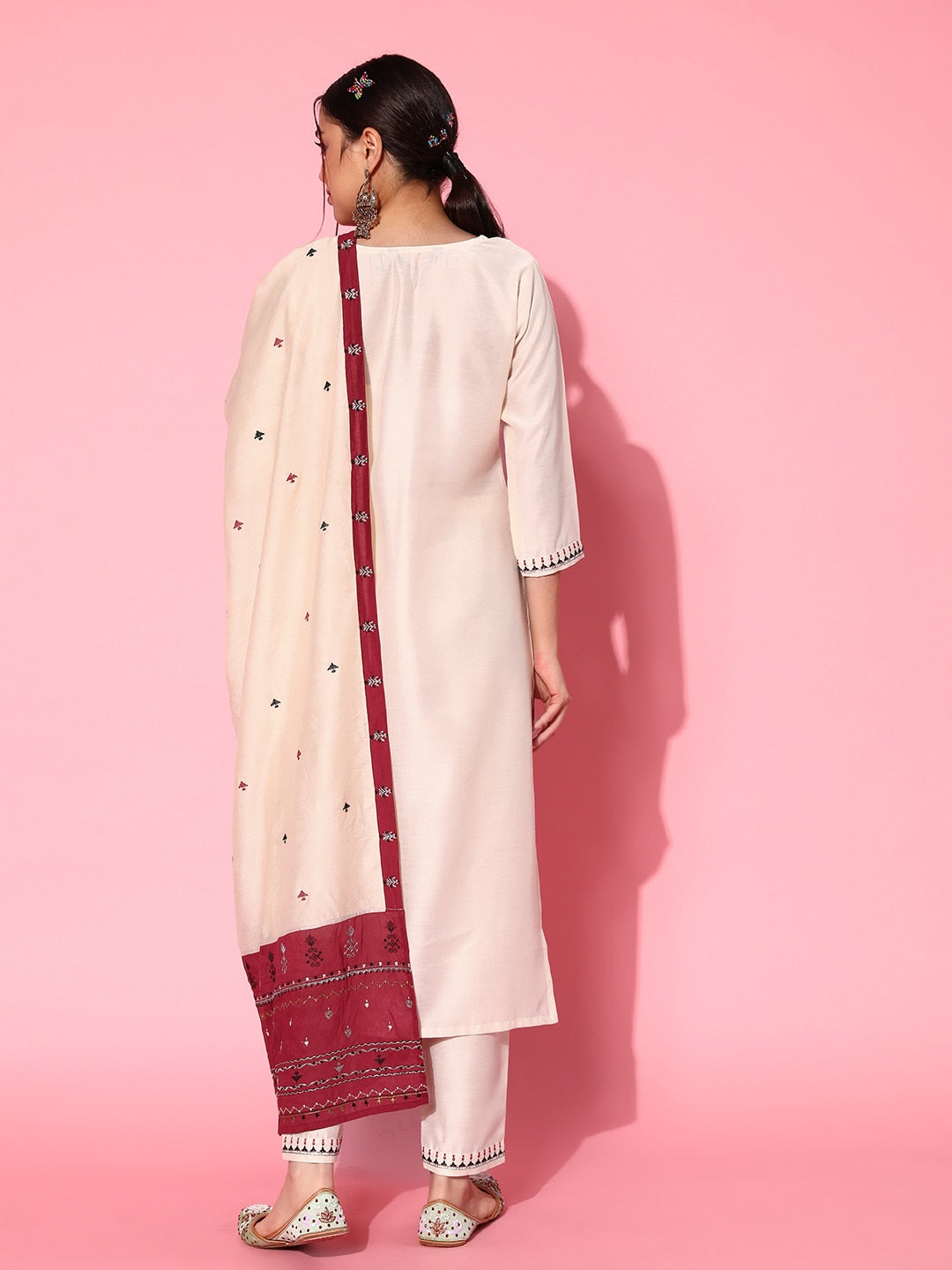 Sangria Women White Ethnic Motifs Embroidered Thread Work Kurta With Trousers & Dupatta - Distacart