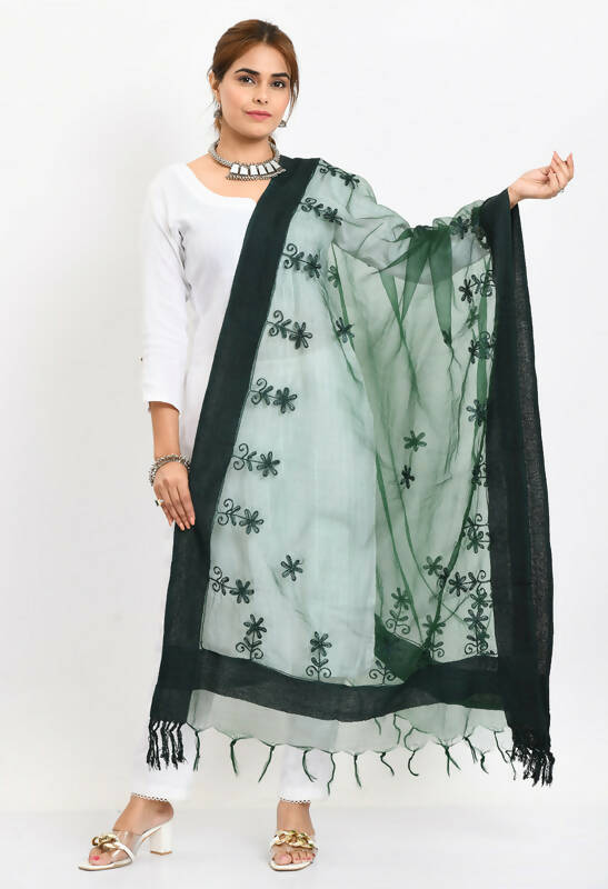 Mominos Fashion Moeza Women's Orgenza All Over Chikan Work Bottle Green Dupatta - Distacart