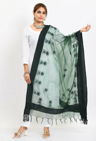 Mominos Fashion Moeza Women's Orgenza All Over Chikan Work Bottle Green Dupatta - Distacart